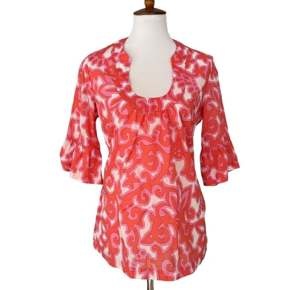 🍀Banana Republic Blouse Orange Pink Floral 3/4 Ruffle Sleeve Cotton Medium